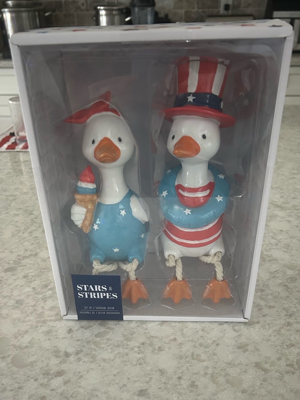“New” Stars & Stripes Patriotic Duck Figurine Duo - Red, White & Blue